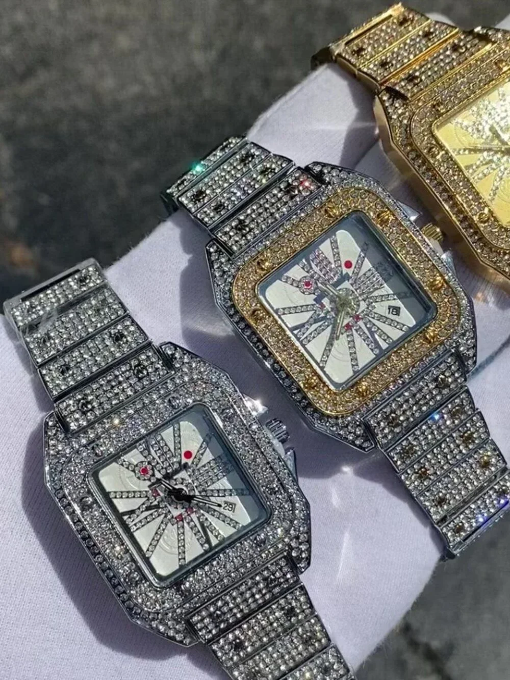 Square Special Red Dial Date Iced Out Diamond Watch, Luxury Hip Hop Watch Unisex